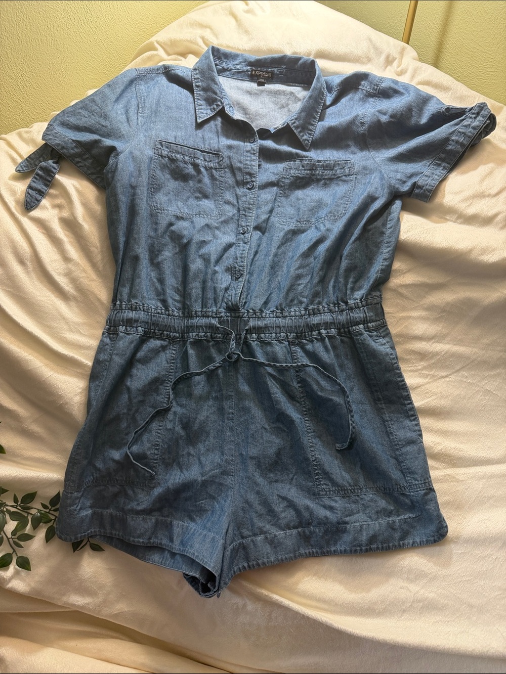 Express Denim Short-Sleeve Romper - Blue